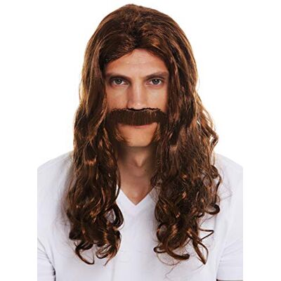 WIG ME UP 70666-FR6-8 Peruca e bigode carnaval homens longa ondulada encaracolada castanha idade média viking bardo os 70 hippie WIG ME UP 70666-FR6-8 Peruca e bigode carnaval homens longa ondulada encaracolada castanha idade média viking bardo os 70 hippie
