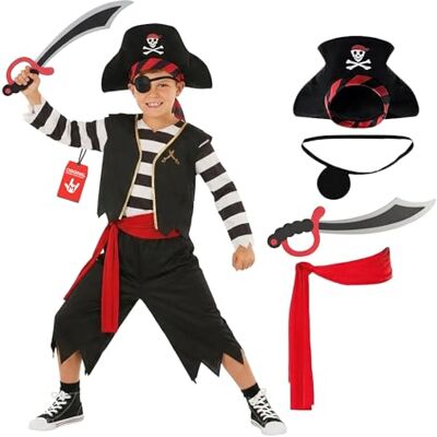 Morph Traje pirata para criança, fato de capitão pirata, acessórios de fantasia, disfarces para carnaval e Halloween, 4-6 anos Morph Traje pirata para criança, fato de capitão pirata, acessórios de fantasia, disfarces para carnaval e Halloween, 4-6 anos