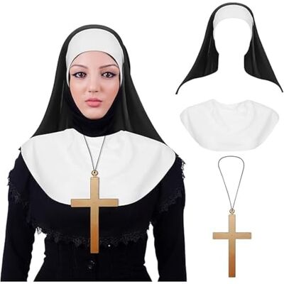 Fartoni Véu freira babador cruz para disfarce de freira adultos ou mulher. Pack de x3 para acessórios disfarce freira Halloween. Gorro de freira terror ou medo. Véu para homem. Complementos para disfarces Fartoni Véu freira babador cruz para disfarce de freira adultos ou mulher. Pack de x3 para acessórios disfarce freira Halloween. Gorro de freira terror ou medo. Véu para homem. Complementos para disfarces