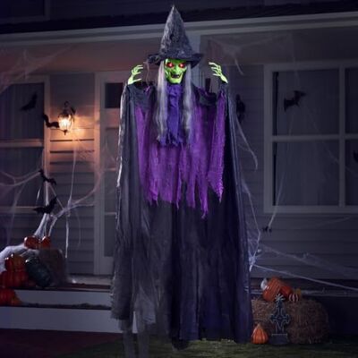 JOYIN Bruxa pendente de Halloween de 182,88 cm, bruxa de rosto verde com luz e som (ativada por som), acessório assustador de Halloween para decoração de festas em interiores e exteriores JOYIN Bruxa pendente de Halloween de 182,88 cm, bruxa de rosto verde com luz e som (ativada por som), acessório assustador de Halloween para decoração de festas em interiores e exteriores