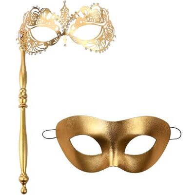 JewelryWe Máscara de máscara veneziana casal: Máscara de disfarce com vara para mulher e homem decorações para festas de carnaval de Halloween cosplay JewelryWe Máscara de máscara veneziana casal: Máscara de disfarce com vara para mulher e homem decorações para festas de carnaval de Halloween cosplay