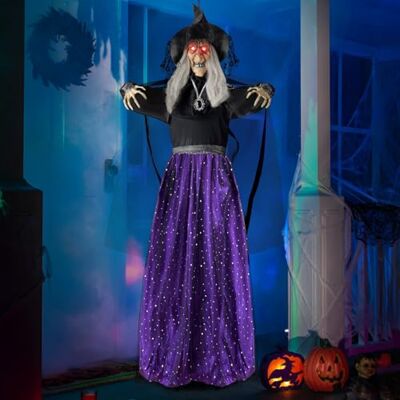 JOYIN Decoração de bruxa animada pingente de 119 cm com olhos iluminados e função de ativação de som para decoração de casa encantada de Halloween JOYIN Decoração de bruxa animada pingente de 119 cm com olhos iluminados e função de ativação de som para decoração de casa encantada de Halloween