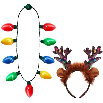 JOYIN 2 colares LED de Natal e diadema de rena, colar de Natal iluminado com 9 lâmpadas, acessórios de fantasia de Natal e festas de Natal, presentes de festa de Natal., Plástico JOYIN 2 colares LED de Natal e diadema de rena, colar de Natal iluminado com 9 lâmpadas, acessórios de fantasia de Natal e festas de Natal, presentes de festa de Natal., Plástico