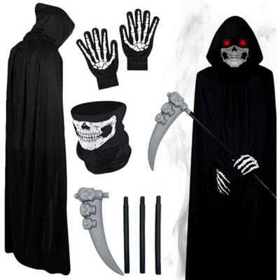 HOXSNII Halloween capa para adulto, 4 peças disfarce de vampiro com camada máscara luvas acessórios camadas com capuz disfarces de morte para o Halloween carnaval cosplay (90 cm) HOXSNII Halloween capa para adulto, 4 peças disfarce de vampiro com camada máscara luvas acessórios camadas com capuz disfarces de morte para o Halloween carnaval cosplay (90 cm)
