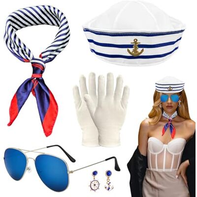 SKHAOVS Conjunto de 5 peças de disfarce de marinheiro para mulher, fato de náutico, gorro marinho, disfarce de marinheiro náutico, acessórios de disfarce adultos para festa de disfarces de Halloween SKHAOVS Conjunto de 5 peças de disfarce de marinheiro para mulher, fato de náutico, gorro marinho, disfarce de marinheiro náutico, acessórios de disfarce adultos para festa de disfarces de Halloween