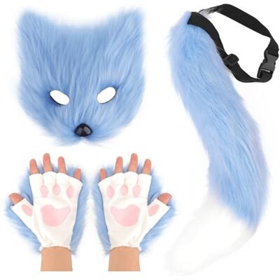 DRESHOW Cauda de raposa de pele sintética peluche gato de lobo máscara disfarce de festa de Halloween luvas de pata Cosplay Set para mulheres DRESHOW Cauda de raposa de pele sintética peluche gato de lobo máscara disfarce de festa de Halloween luvas de pata Cosplay Set para mulheres