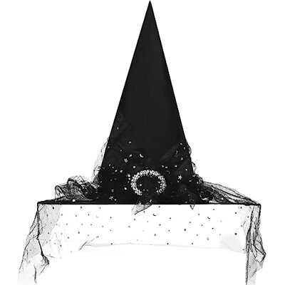 JOFONY Chapéu de bruxa de Halloween, chapéu de bruxa preto com véu, acessórios para bruxas, chapéus de bruxa para Halloween, festas de fantasia, festas de fantasia JOFONY Chapéu de bruxa de Halloween, chapéu de bruxa preto com véu, acessórios para bruxas, chapéus de bruxa para Halloween, festas de fantasia, festas de fantasia