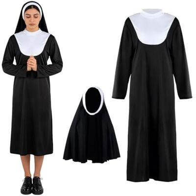 Tutukyle Freira, disfarce freira, disfarce freira preta, disfarce de Halloween assustador para mulher, freira preta de Halloween de 3 peças com corrente cruzada com capuz de freira para Halloween, carnaval, Tutukyle Freira, disfarce freira, disfarce freira preta, disfarce de Halloween assustador para mulher, freira preta de Halloween de 3 peças com corrente cruzada com capuz de freira para Halloween, carnaval,