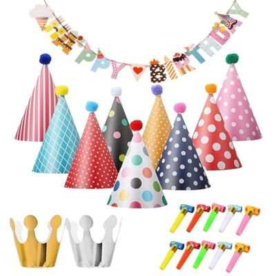 QSZHSL Conjunto de 22 chapéus de festa de aniversário, com coroa de papel, para festas de aniversário infantis, chapéus de festa de aniversário com pompom, para festas familiares, crianças e QSZHSL Conjunto de 22 chapéus de festa de aniversário, com coroa de papel, para festas de aniversário infantis, chapéus de festa de aniversário com pompom, para festas familiares, crianças e