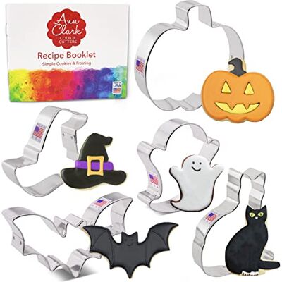 Ann Clark Cookie Cutters Conjunto de 5 cortadores de bolachas Halloween com livro de receitas, abóbora, morcego, fantasma, chapéu de bruxa e gato aço fabricado nos EUA. EUA Ann Clark Cookie Cutters Conjunto de 5 cortadores de bolachas Halloween com livro de receitas, abóbora, morcego, fantasma, chapéu de bruxa e gato aço fabricado nos EUA. EUA