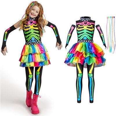 Spooktacular Creations Funky Punky Bones colorido esqueleto deluxe conjunto de disfarce de menina com extensões de cabelo para festas de disfarces de Halloween Spooktacular Creations Funky Punky Bones colorido esqueleto deluxe conjunto de disfarce de menina com extensões de cabelo para festas de disfarces de Halloween