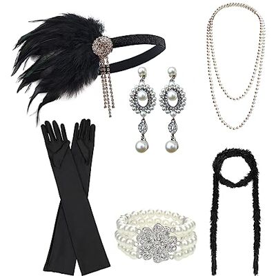 DRESHOW Conjunto de Acessórios Anos 20 1920 Festa Fantasia Grande Gatsby Tiara Colarinho Luvas Brincos para Mulheres, Tamanho único DRESHOW Conjunto de Acessórios Anos 20 1920 Festa Fantasia Grande Gatsby Tiara Colarinho Luvas Brincos para Mulheres, Tamanho único