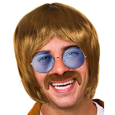Balinco Conjunto hippie com peruca óculos de sol redondos com lentes azuis bigode em estilo anos 60 e 70 para homens e mulheres para carnaval ou festivais Balinco Conjunto hippie com peruca óculos de sol redondos com lentes azuis bigode em estilo anos 60 e 70 para homens e mulheres para carnaval ou festivais