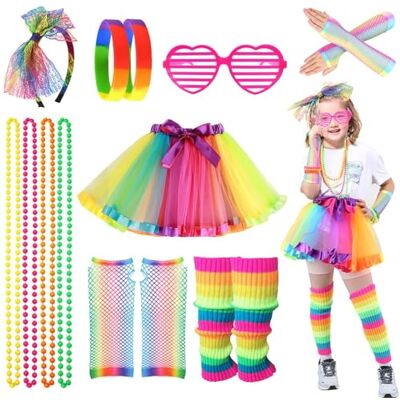 LEADSTAR Traje de princesa menina com Tutu, conjunto de acessórios dos anos 80 para menina, festas néon retro disfarce para Halloween, Cosplay, aniversário, carnaval LEADSTAR Traje de princesa menina com Tutu, conjunto de acessórios dos anos 80 para menina, festas néon retro disfarce para Halloween, Cosplay, aniversário, carnaval