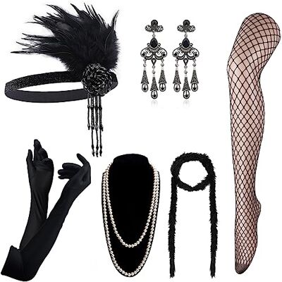 DRESHOW Conjunto de Acessórios Anos 20 1920 Festa Fantasia Gran Gatsby Tiara Colarinho Luvas Brincos para Mulheres, Tamanho único DRESHOW Conjunto de Acessórios Anos 20 1920 Festa Fantasia Gran Gatsby Tiara Colarinho Luvas Brincos para Mulheres, Tamanho único