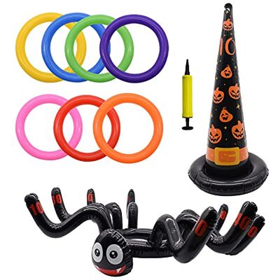 TRIXES Conjunto de lançamento de anel insuflável de Halloween chapéu insuflável de aranha e bruxas bomba de ar incluída TRIXES Conjunto de lançamento de anel insuflável de Halloween chapéu insuflável de aranha e bruxas bomba de ar incluída