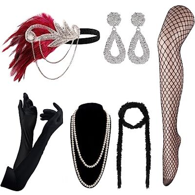 DRESHOW Conjunto de Acessórios Anos 20 1920 Festa Fantasia Gran Gatsby Tiara Colarinho Luvas Brincos para Mulheres, Tamanho único DRESHOW Conjunto de Acessórios Anos 20 1920 Festa Fantasia Gran Gatsby Tiara Colarinho Luvas Brincos para Mulheres, Tamanho único