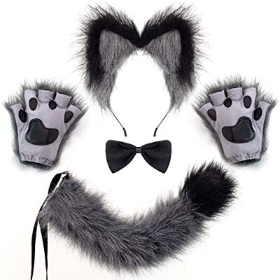 Spooktacular Creations Orelhas de lobo cinza cauda e luvas, acessórios de raposa peluda com cauda para acessórios de fantasias de festa de Halloween Spooktacular Creations Orelhas de lobo cinza cauda e luvas, acessórios de raposa peluda com cauda para acessórios de fantasias de festa de Halloween