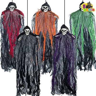 JOYIN 70 cm Halloween Parcas de esqueleto pendentes (5 pacotes), decoração de fantasmas pendentes de Halloween, acessórios de casa assombrada ao ar livre JOYIN 70 cm Halloween Parcas de esqueleto pendentes (5 pacotes), decoração de fantasmas pendentes de Halloween, acessórios de casa assombrada ao ar livre