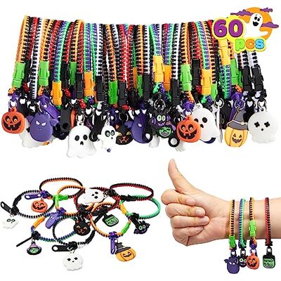 JOYIN Conjunto de 60 pulseiras com fecho de correr para o Halloween, presentes de festa para crianças, brinquedos para aliviar o stress, bugigangas e bolsa de presentes JOYIN Conjunto de 60 pulseiras com fecho de correr para o Halloween, presentes de festa para crianças, brinquedos para aliviar o stress, bugigangas e bolsa de presentes