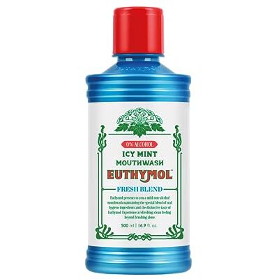 Euthymol Enxaguar bucal ICY Mint 500 ml, com fluor, sem álcool, sabor intenso, reduz a placa, limpa dentes e gengivas, hálito fresco, cuidado oral diário Euthymol Enxaguar bucal ICY Mint 500 ml, com fluor, sem álcool, sabor intenso, reduz a placa, limpa dentes e gengivas, hálito fresco, cuidado oral diário