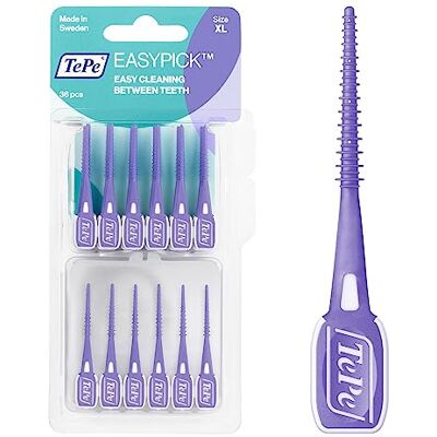 TePe Pauzinhos de dentes EasyPick, roxo, ISO XL, 36 unidades. Remoção de placa, limpeza interdental eficaz, pauzinhos para espaços largos, estojo de viagem incluído TePe Pauzinhos de dentes EasyPick, roxo, ISO XL, 36 unidades. Remoção de placa, limpeza interdental eficaz, pauzinhos para espaços largos, estojo de viagem incluído