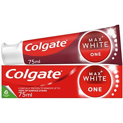 Colgate Max White One Pasta de dentes branqueadora de dentes de 75 ml, fórmula clinicamente testada, elimina até 100 % das manchas superficiais, contém aceleradores de branqueamento, 1 Colgate Max White One Pasta de dentes branqueadora de dentes de 75 ml, fórmula clinicamente testada, elimina até 100 % das manchas superficiais, contém aceleradores de branqueamento, 1