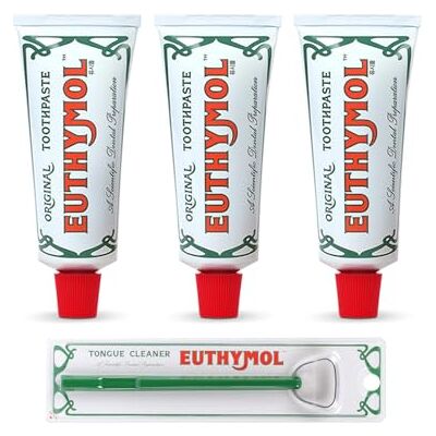 Euthymol Pasta dentária original 75 ml x 3 limpador de línguas, sem flores, antiplaca, antibacteriana, proteção contra cáries, dentes e gengivas limpos e saudáveis, menta refrescante, cuidado diário Euthymol Pasta dentária original 75 ml x 3 limpador de línguas, sem flores, antiplaca, antibacteriana, proteção contra cáries, dentes e gengivas limpos e saudáveis, menta refrescante, cuidado diário