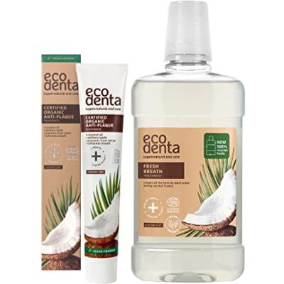ECODENTA Certificado orgânico de higiene bucal Set I antiplaca, pasta de tooth orgânica 75 ml e lavagem bucal de coco sem álcool para combater o mau hálito, 500 ml ECODENTA Certificado orgânico de higiene bucal Set I antiplaca, pasta de tooth orgânica 75 ml e lavagem bucal de coco sem álcool para combater o mau hálito, 500 ml