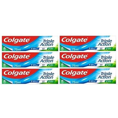 Colgate Pasta de dentes de ação tripla, 6 unidades de 75 ml: proteção de cáries, dentes brancos e respiração fresca, não é adequada para crianças menores de 7 anos. Colgate Pasta de dentes de ação tripla, 6 unidades de 75 ml: proteção de cáries, dentes brancos e respiração fresca, não é adequada para crianças menores de 7 anos.