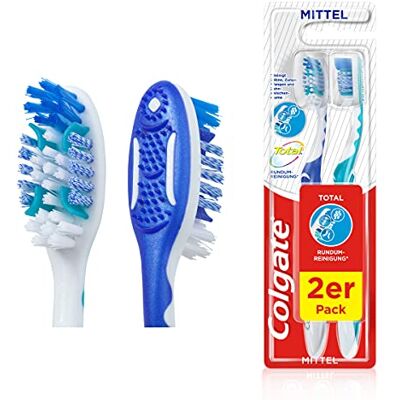 Colgate Escova de dentes completa de limpeza total, média, 2 unidades, escova de dentes manual que limpa superfícies dentais, língua, bochechas e profundamente nos espaços interdentais, com Colgate Escova de dentes completa de limpeza total, média, 2 unidades, escova de dentes manual que limpa superfícies dentais, língua, bochechas e profundamente nos espaços interdentais, com