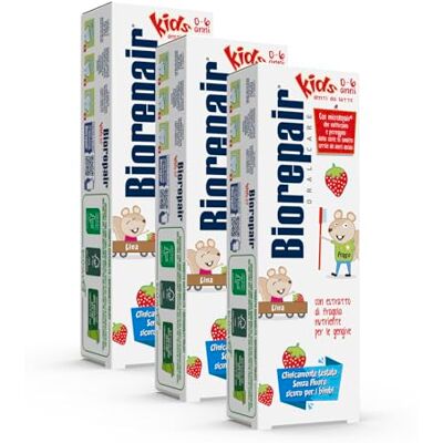 Biorepair ® Pasta de dentes para crianças, 0-6 anos, pasta de dentes para crianças sem flúor, sabor a frutas, anticáries, para gengivas saudáveis, 3 unidades x 50 ml Biorepair ® Pasta de dentes para crianças, 0-6 anos, pasta de dentes para crianças sem flúor, sabor a frutas, anticáries, para gengivas saudáveis, 3 unidades x 50 ml