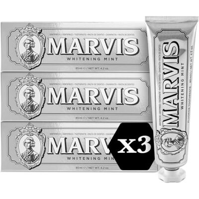 Marvis Pasta de dentes branqueadora de menta de 3 × 85 ml que promove o branqueamento dental natural, a pasta de dentes elimina a placa e proporciona frescura duradoura Marvis Pasta de dentes branqueadora de menta de 3 × 85 ml que promove o branqueamento dental natural, a pasta de dentes elimina a placa e proporciona frescura duradoura
