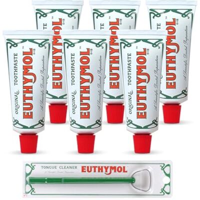 Euthymol Oot Pasta original de 75 ml x 6 + Tongue Cleaner x 1, pasta de dentes sem fluor, antiplaca, antibacteriana, proteção contra cáries, menta fresca Euthymol Oot Pasta original de 75 ml x 6 + Tongue Cleaner x 1, pasta de dentes sem fluor, antiplaca, antibacteriana, proteção contra cáries, menta fresca