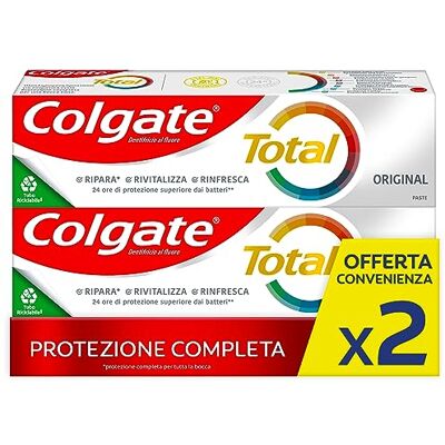 Colgate Pasta de dentes com ingredientes antibacterianos total original, para proteção de dentes, língua, bochechas e gengivas, 2 x 75 ml Colgate Pasta de dentes com ingredientes antibacterianos total original, para proteção de dentes, língua, bochechas e gengivas, 2 x 75 ml