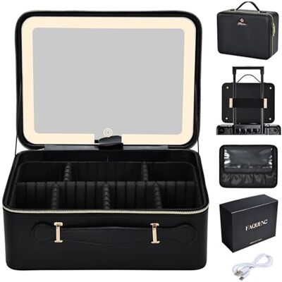 Faquenc Maleta de Maquilhagem com LED Grande Maleta Organizador de Maquilhagem Portátil de Couro PU Estojo de Maquilhagem com Espelho Removível Necessaire de Maquilhagem com Suporte para Pincéis de Faquenc Maleta de Maquilhagem com LED Grande Maleta Organizador de Maquilhagem Portátil de Couro PU Estojo de Maquilhagem com Espelho Removível Necessaire de Maquilhagem com Suporte para Pincéis de