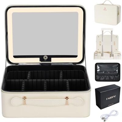 Faquenc Maleta de Maquilhagem com LED Grande Maleta Organizador de Maquilhagem Portátil de Couro PU Estojo de Maquilhagem com Espelho Removível Necessaire de Maquilhagem com Suporte para Pincéis de Faquenc Maleta de Maquilhagem com LED Grande Maleta Organizador de Maquilhagem Portátil de Couro PU Estojo de Maquilhagem com Espelho Removível Necessaire de Maquilhagem com Suporte para Pincéis de