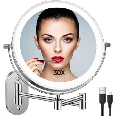 FUNTOUCH Espelho recarregável maquilhagem com luz aumento 1 x / 30 X, 8 polegadas casa de banho de parede com luz regulável 3 cores, dupla face com rotação 360, hotel (prata) FUNTOUCH Espelho recarregável maquilhagem com luz aumento 1 x / 30 X, 8 polegadas casa de banho de parede com luz regulável 3 cores, dupla face com rotação 360, hotel (prata)