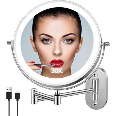 FUNTOUCH Espelho recarregável maquilhagem com luz aumento 1 x / 30 X, 8 polegadas casa de banho de parede com luz regulável 3 cores, dupla face com rotação 360, hotel (prata) FUNTOUCH Espelho recarregável maquilhagem com luz aumento 1 x / 30 X, 8 polegadas casa de banho de parede com luz regulável 3 cores, dupla face com rotação 360, hotel (prata)