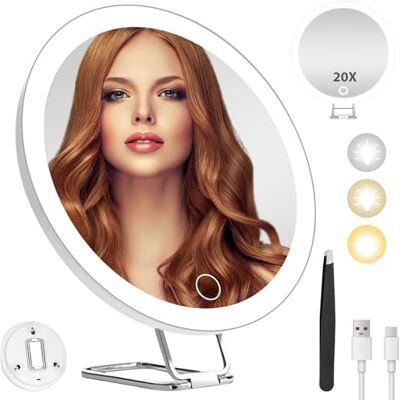 GOEDCH Espelho de aumento 20x: Espelho maquilhagem com luz e 3 ventosas, espelho de bolso de grande aumento com tesouras para mulheres maquilhagem diária, 15 cm GOEDCH Espelho de aumento 20x: Espelho maquilhagem com luz e 3 ventosas, espelho de bolso de grande aumento com tesouras para mulheres maquilhagem diária, 15 cm