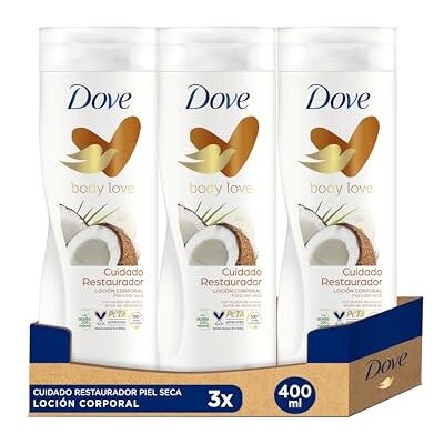 Dove Creme hidratante corporal restauração com óleo de coco 100 por cento natural e leite de amêndoas para pele seca, pack de 3 x 400 ml, multicolorido Dove Creme hidratante corporal restauração com óleo de coco 100 por cento natural e leite de amêndoas para pele seca, pack de 3 x 400 ml, multicolorido