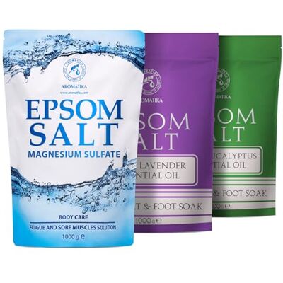 Trust sal de Bain epsom Set 3 x 1000 g Sal de banho Epsom Óleo essencial de Eucalipto e Lavanda, relaxante Trust sal de Bain epsom Set 3 x 1000 g Sal de banho Epsom Óleo essencial de Eucalipto e Lavanda, relaxante