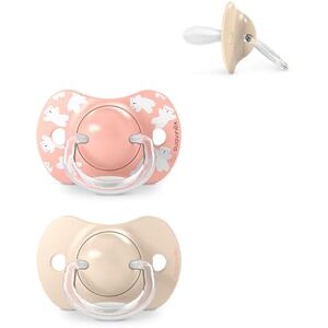 SUAVINEX , Conjunto de 2 chupetas para bebés de 6/18 meses, com cetina fisiológica de silicone SX Pro simétrica, plana e flexível, respeita o desenvolvimento bucodental, Wild&Free rosa SUAVINEX , Conjunto de 2 chupetas para bebés de 6/18 meses, com cetina fisiológica de silicone SX Pro simétrica, plana e flexível, respeita o desenvolvimento bucodental, Wild&Free rosa