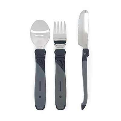 TWISTSHAKE Conjunto de talheres de aprendizagem para bebés de aço inoxidável, com garfo, faca e colher, sem BPA, a partir de 12 meses, preto TWISTSHAKE Conjunto de talheres de aprendizagem para bebés de aço inoxidável, com garfo, faca e colher, sem BPA, a partir de 12 meses, preto