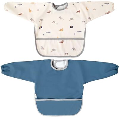 MIMUSELINA Pack 2 Babetes Bebé Impermeáveis com Mangas Longas Punhos Elásticos e Fecho Ajustável Reutilizáveis, Macios e Impermeáveis Babetes de Creche Resistentes Fabricado em Espanha, Azul MIMUSELINA Pack 2 Babetes Bebé Impermeáveis com Mangas Longas Punhos Elásticos e Fecho Ajustável Reutilizáveis, Macios e Impermeáveis Babetes de Creche Resistentes Fabricado em Espanha, Azul
