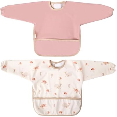 MIMUSELINA Pack 2 Babetes Bebé Impermeáveis com Mangas Longas Punhos Elásticos e Fecho Ajustável Reutilizáveis, Macios e Impermeáveis Babetes de Creche Resistentes Feito em Espanha, rosa MIMUSELINA Pack 2 Babetes Bebé Impermeáveis com Mangas Longas Punhos Elásticos e Fecho Ajustável Reutilizáveis, Macios e Impermeáveis Babetes de Creche Resistentes Feito em Espanha, rosa