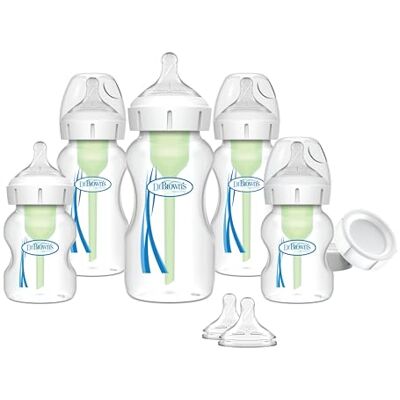 Dr. Brown's Natural Flow® Anti-Colic Options+™ Conjunto de biberão de pescoço largo para recém-nascidos com tampas de viagem para biberões Dr. Brown's Natural Flow® Anti-Colic Options+™ Conjunto de biberão de pescoço largo para recém-nascidos com tampas de viagem para biberões