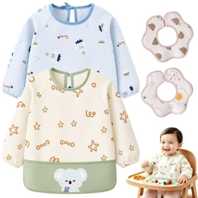 Tuxvealu 4 unidades babete impermeável bebé & BLW, 2 babadores com mangas, 2 babetes com flores, babador com mangas bebé manga comprida, fácil de limpar e lavável na máquina, ajuste ajustável, unissexo para 6 Tuxvealu 4 unidades babete impermeável bebé & BLW, 2 babadores com mangas, 2 babetes com flores, babador com mangas bebé manga comprida, fácil de limpar e lavável na máquina, ajuste ajustável, unissexo para 6