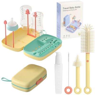 UABA Set Limpador de biberões 7 em 1, kit de limpeza e secagem portátil com 3 escovas, escorredor dobrável e doseador de sabão, sem BPA, amarelo UABA Set Limpador de biberões 7 em 1, kit de limpeza e secagem portátil com 3 escovas, escorredor dobrável e doseador de sabão, sem BPA, amarelo