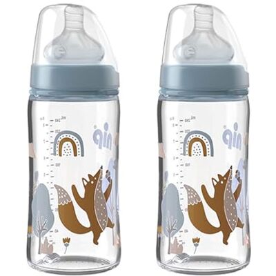 nip 2 biberões de vidro, gola larga, 240 ml, com chupeta anatómica de gola larga, silicone, tamanho 0, leite nip 2 biberões de vidro, gola larga, 240 ml, com chupeta anatómica de gola larga, silicone, tamanho 0, leite